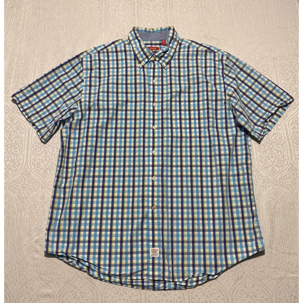 IZOD Saltwater Washed Plaid Short Sleeve Button Down Shirt Mens XL Blue